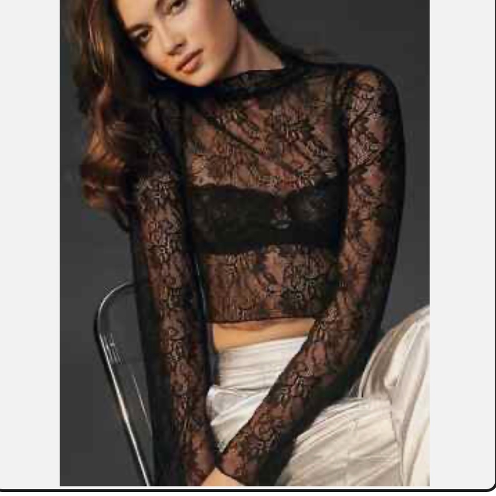 Anthropologie black cropped long sleeve lace top NWT